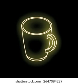 Bright yellow neon mug glowing on a dark background, creating a cozy and inviting atmosphere