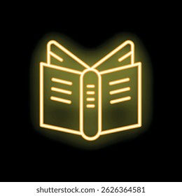 Bright yellow neon open book spreading knowledge icon glowing on a black wall at night