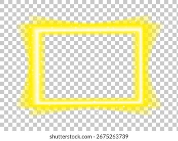 Rectángulo de neón amarillo brillante con bordes brillantes y estrellas brillantes. Plantilla festiva de Vector sobre fondo transparente para proyectos de vacaciones o fiestas.