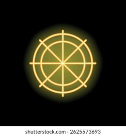 Bright yellow neon ship steering wheel is glowing on a black background