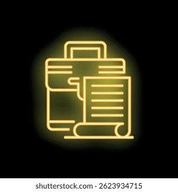 Bright yellow neon sign depicting a printer actively producing documents, set against a dark background