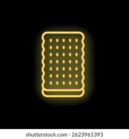 Bright yellow neon sign depicting a cookie with small holes, glowing on a black background