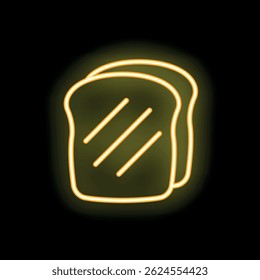 Sinal de néon amarelo brilhante representando duas fatias de pão torrado, brilhando sobre um fundo preto