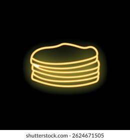 Bright yellow neon sign depicting a stack of pancakes glowing on a black background