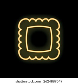 Bright yellow neon sign depicting a single ravioli pasta glowing on black background