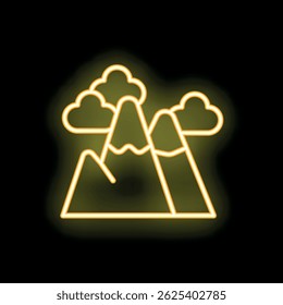 Bright yellow neon sign depicting mountains with snow caps and clouds