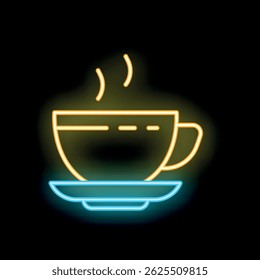 Bright yellow neon sign depicting a steaming hot cup of coffee or tea on top of a saucer, isolated on a black background