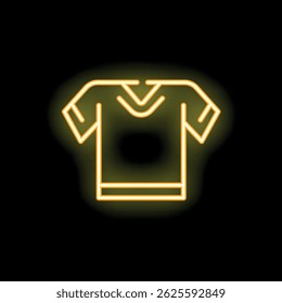 Bright yellow neon sign depicting a t shirt with a v neck and short sleeves, glowing on a black background
