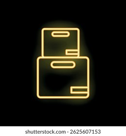 Bright yellow neon sign depicting two stacked cardboard boxes, glowing on a black background