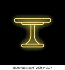Bright yellow neon sign depicting a simple table with a round base, glowing on a black background