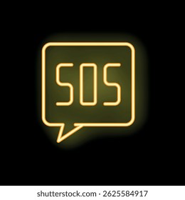 Bright yellow neon sign displaying the international distress signal, sos, inside a speech bubble