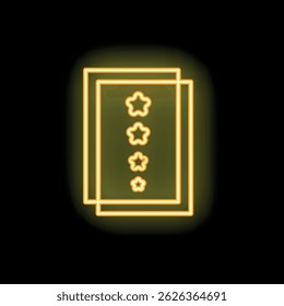 Bright yellow neon sign of a five star rating system glowing on a black background