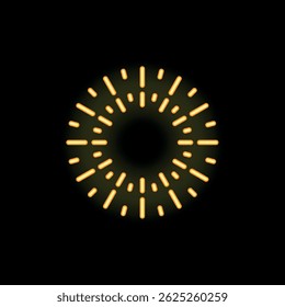 Bright yellow neon sign glowing on a black wall showing sun rays of light spreading from the center