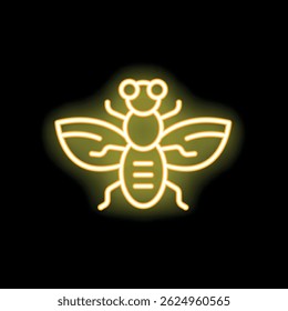 Bright yellow neon sign of a honeybee with wings spread, glowing on a black background