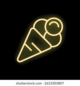 Bright yellow neon sign of an ice cream cone glowing on a dark background
