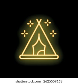 Bright yellow neon sign illustrating a tourist tent standing under night sky full of stars on black background