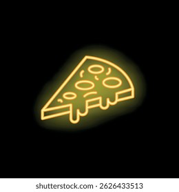 Bright yellow neon sign illustration of a delicious pizza slice with melting cheese, ideal for restaurant advertising or food related designs