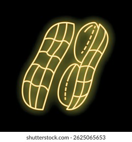 Sinal de neon amarelo brilhante de um amendoim com casca e amendoim descascado em um fundo preto