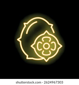Bright yellow neon sign representing a whole kiwano fruit and a slice, conveying exoticism and freshness