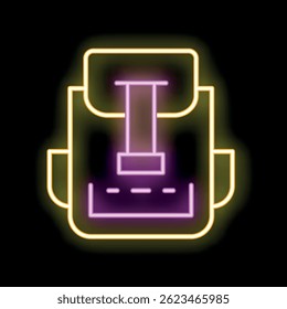 Bright yellow neon sign in the shape of a backpack, glowing on a dark background