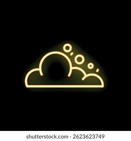Bright yellow neon sign in the shape of a cloud with soap bubbles is glowing on a black background