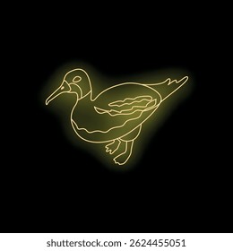 Bright yellow neon sign in the shape of a duck, standing in profile