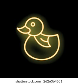 Bright yellow neon sign in the shape of a baby duck, glowing against a black background