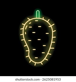 Bright yellow neon sign showing a durian fruit, glowing on a black background