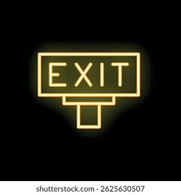 Bright yellow neon sign showing the way out on a black background