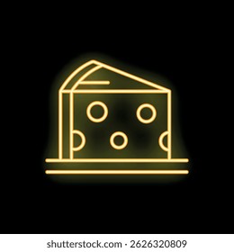 Bright yellow neon sign showing a slice of swiss cheese, on a black background