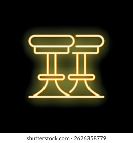 Bright yellow neon sign showing two empty bar stools with footrests standing side by side