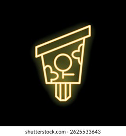 Bright yellow neon sign of a wooden birdhouse with round entrance and perch, glowing on black background