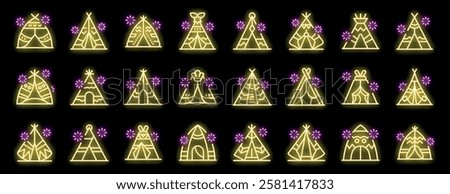 Bright yellow neon teepee tent icons glowing on black background, vector illustration