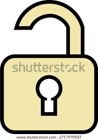 Bright yellow open padlock icon in a modern flat style. Perfect for representing unlocked access, security settings, privacy vulnerabilities, password resets, and user permission interfaces.