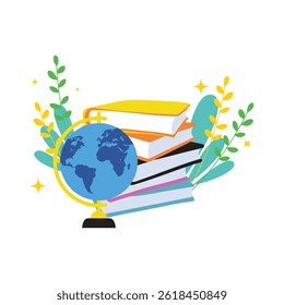 Bright Yellow and Orange Books Stack with Blue Globe for Global Learning