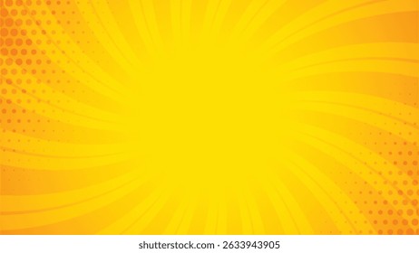 Bright Yellow Orange Comic Pop Art Sunburst Background with Halftone Dots