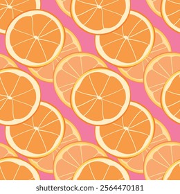 Bright Yellow Orange Pink Fruits Seamless Pattern. Great repeat pattern wth watermelon, oranges, figs and strawberries for textile, wallpaper, backgrounds, packaging designs.