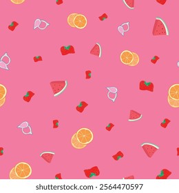 Bright Yellow Orange Pink Fruits Seamless Pattern. Great repeat pattern wth watermelon, oranges, figs and strawberries for textile, wallpaper, backgrounds, packaging designs.