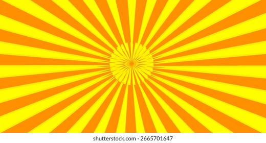 Patrón de rayos de sol amarillo y naranja brillante con rayas radiales que emanan del centro, creando un fondo abstracto vibrante y enérgico.