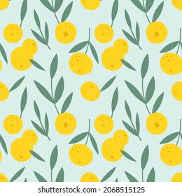 Bright yellow oranges banner on blue background. Vector illustration for paper, wallpaper, fabric, interior design.
