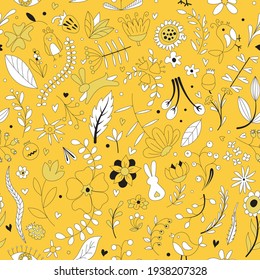 Bright yellow pattern. Seamless pattern with the image of various elements of flowers, branches, birds, rabbits, eyes. Perfect for wallpaper design, wrapping paper. Vector illustration. Hand drawn.