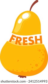 Bright yellow pear with FRESH text overlay. Juicy fruit vector illustration. Organic food, healthy eating concept.