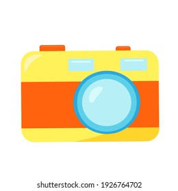 Bright yellow photo camera, camera for shooting, vector object in cartoon style, clip art on a white background, flat style.