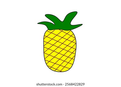 Bright Yellow Pineapple Drawing with Bold Green Leaves on White Background. vector pineapple .