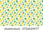 A bright yellow pineapple pattern in flat design style, arranged in a scattered composition on a pale yellow background. The pineapple crowns feature vibrant green tones, adding a fresh and lively touch to the overall design.