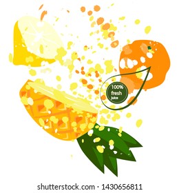  Bright yellow pineapple,lemon, orange with splashes of fresh juice. Banner,print for your business.Vector graphics