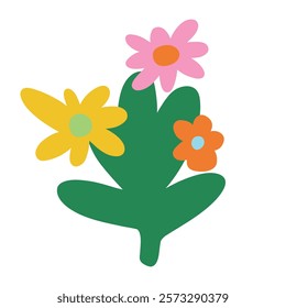 Bright yellow, pink, and orange flowers in a lush green bouquet. Vibrant and cheerful spring-inspired illustration perfect for nature lovers or floral decor.