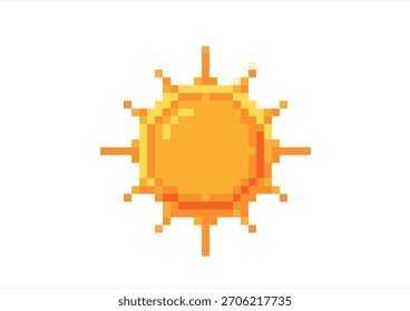Bright Yellow Pixel Art Sun Icon. 8 bit. Game development, mobile app. Isolated vector illustration.	
