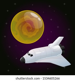 Bright yellow planet and spaceship near it with stars on the background