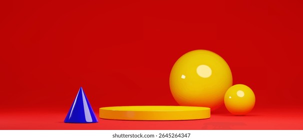 Bright yellow podium with glossy spheres and blue pyramid on vivid red background - colorful geometric 3d shapes composition. Minimal modern abstract platform design with basic form and vibrant color